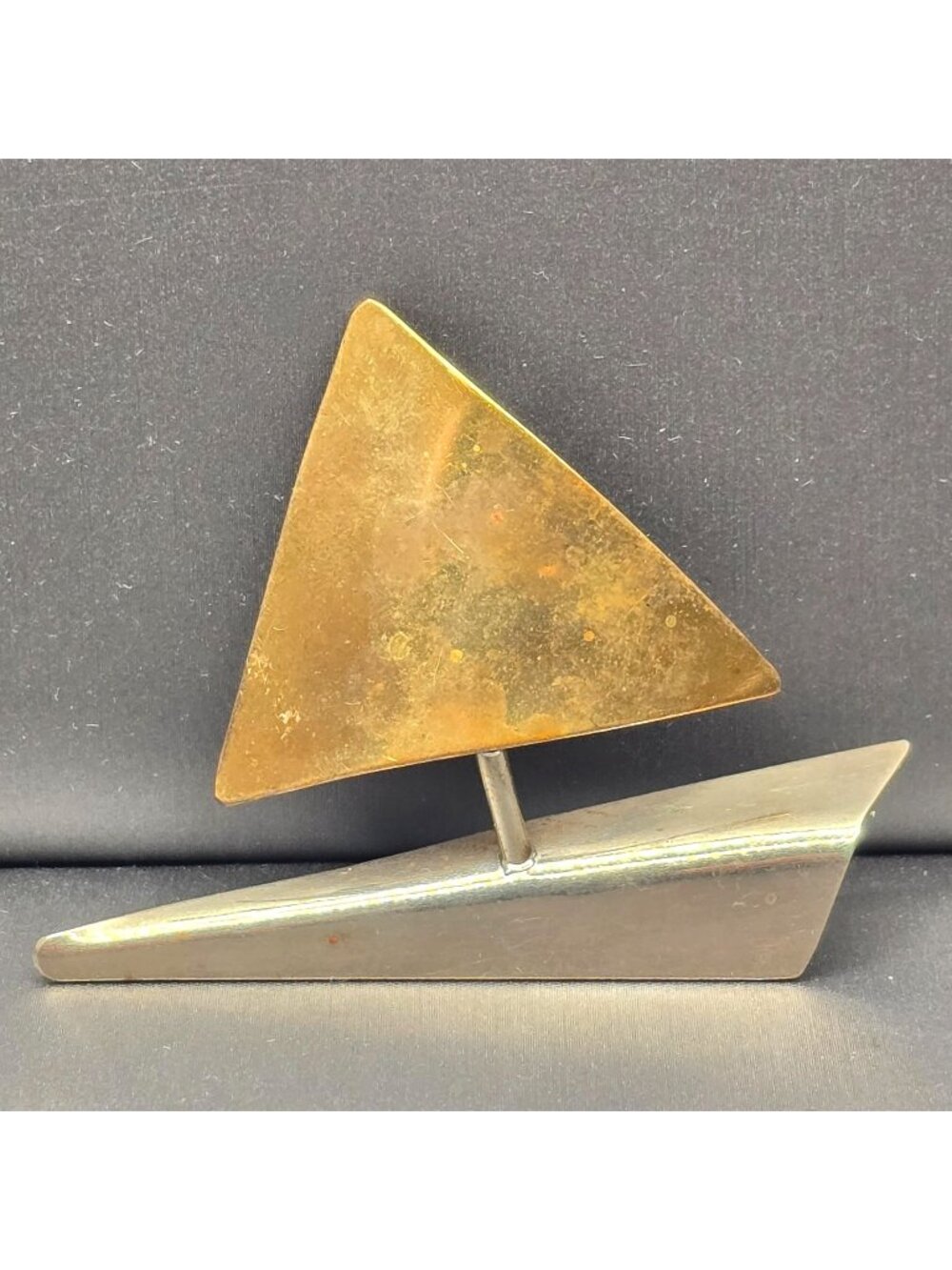 Vintage Modernist Abstract Sailboat Pin Brass Steel Geometric Brooch 2.25"